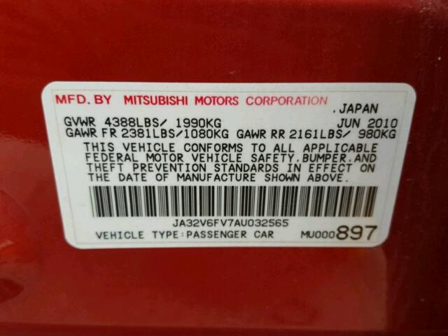 JA32V6FV7AU032565 - 2010 MITSUBISHI LANCER RAL RED photo 10