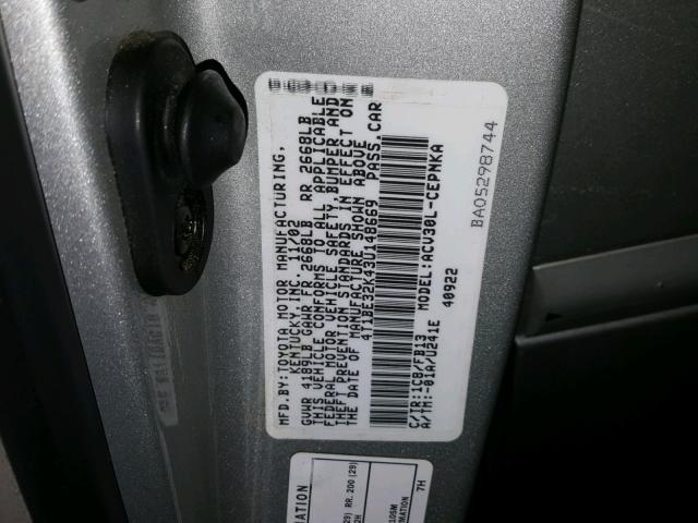 4T1BE32K43U148669 - 2003 TOYOTA CAMRY LE SILVER photo 10