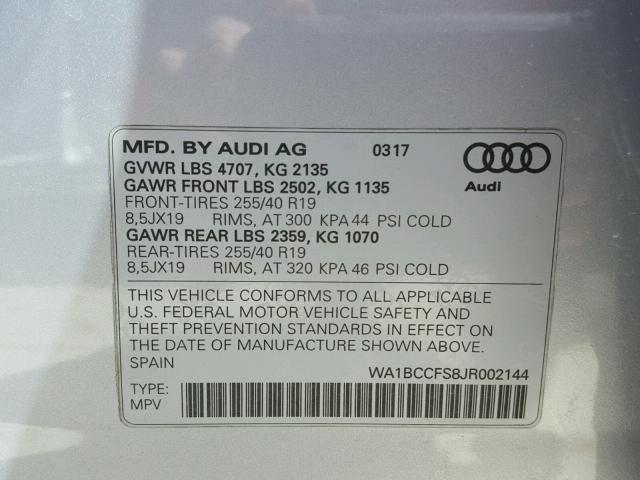 WA1BCCFS8JR002144 - 2018 AUDI Q3 PREMIUM SILVER photo 10