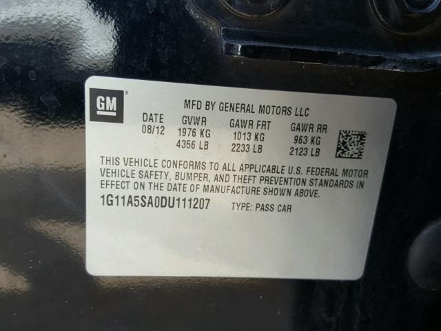 1G11A5SA0DU111207 - 2013 CHEVROLET MALIBU LS შავი ფოტო 10