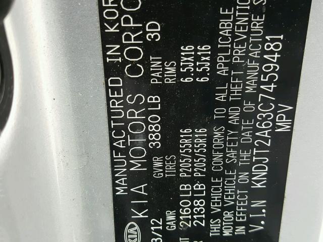 KNDJT2A63C7459481 - 2012 KIA SOUL + SILVER photo 10