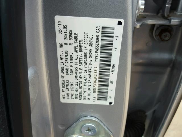 1HGCP3F87AA016314 - 2010 HONDA ACCORD EXL SILVER photo 10