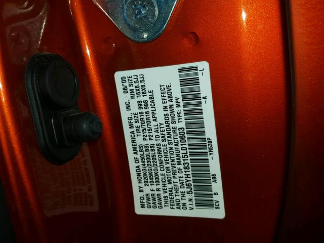 5J6YH18315L010603 - 2005 HONDA ELEMENT LX ORANGE photo 10