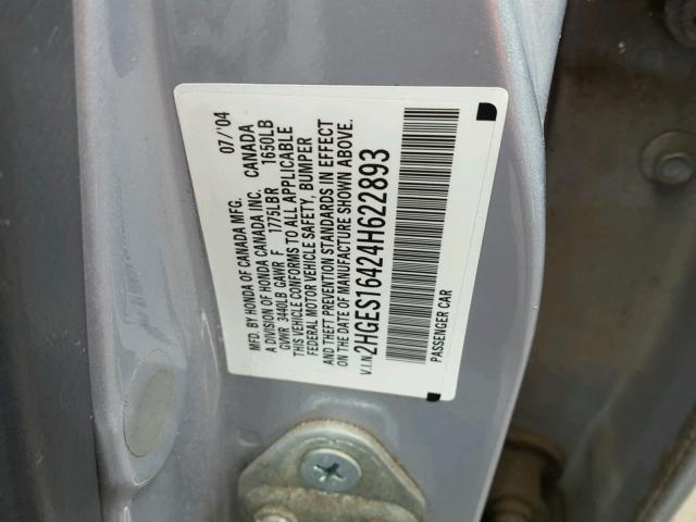 2HGES16424H622893 - 2004 HONDA CIVIC DX SILVER photo 10