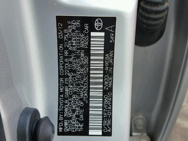 JTDKN3DU3C1521382 - 2012 TOYOTA PRIUS SILVER photo 10