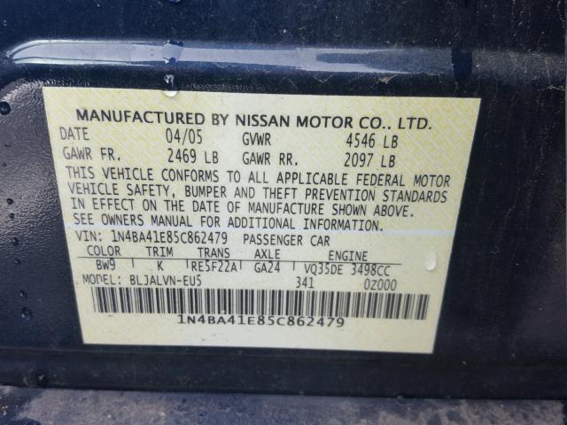 1N4BA41E85C862479 - 2005 NISSAN MAXIMA SE BLUE photo 10