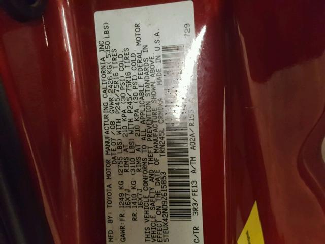 5TEUX42N09Z615853 - 2009 TOYOTA TACOMA ACC RED photo 10