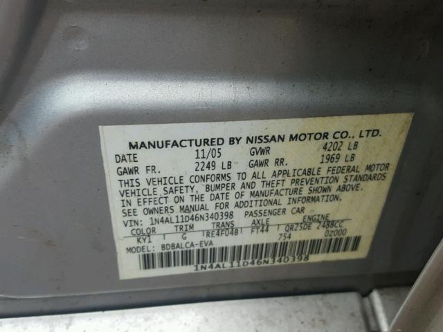 1N4AL11D46N340398 - 2006 NISSAN ALTIMA S SILVER photo 10