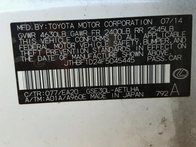 JTHBF1D24F5045445 - 2015 LEXUS IS 250 WHITE photo 10