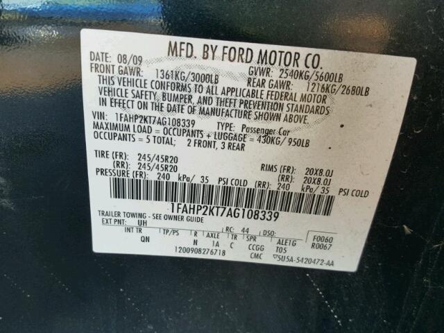 1FAHP2KT7AG108339 - 2010 FORD TAURUS SHO BLACK photo 10