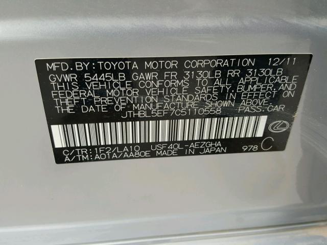 JTHBL5EF7C5110558 - 2012 LEXUS LS 460 SILVER photo 10