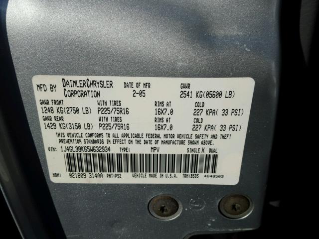 1J4GL38K65W632934 - 2005 JEEP LIBERTY RE SILVER photo 10