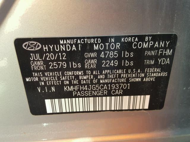 KMHFH4JG5CA193701 - 2012 HYUNDAI AZERA GLS SILVER photo 10