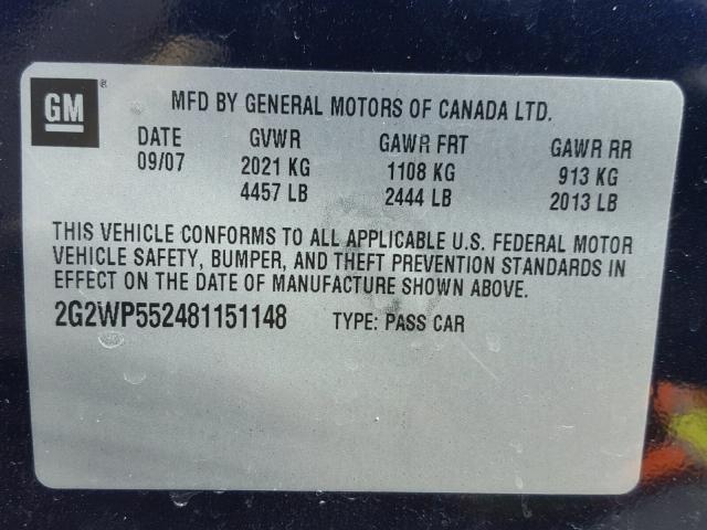 2G2WP552481151148 - 2008 PONTIAC GRAND PRIX BLUE photo 10