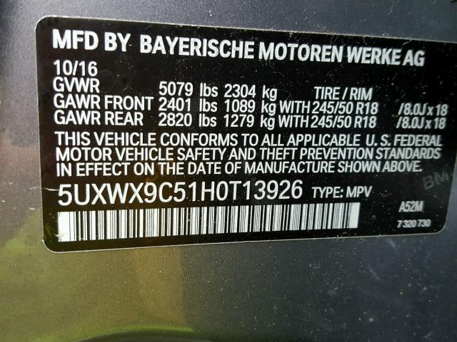 5UXWX9C51H0T13926 - 2017 BMW X3 XDRIVE2 GRAY photo 10