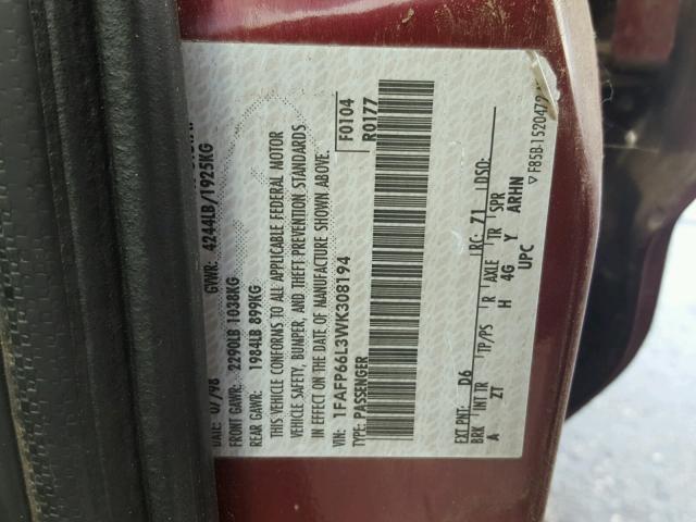 1FAFP66L3WK308194 - 1998 FORD CONTOUR LX BURGUNDY photo 10