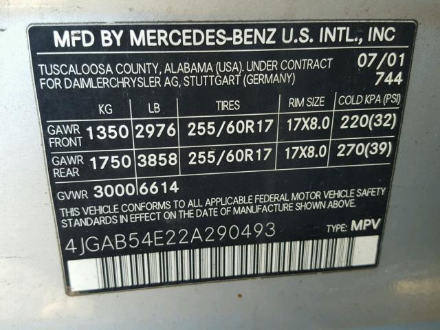 4JGAB54E22A290493 - 2002 MERCEDES-BENZ ML 320 SILVER photo 10