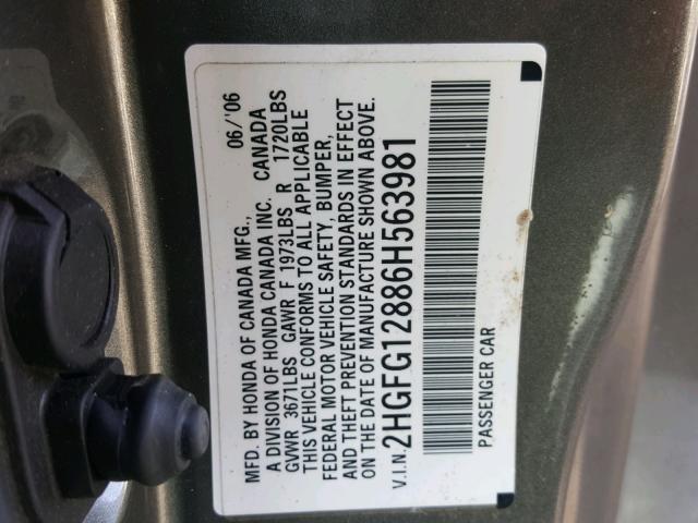 2HGFG12886H563981 - 2006 HONDA CIVIC EX 灰色 照片 10