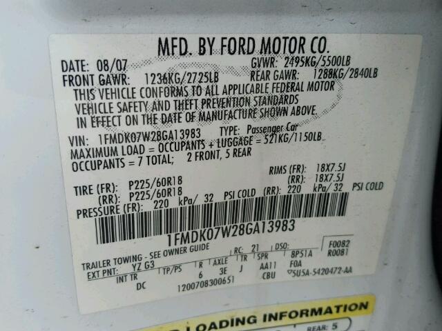 1FMDK07W28GA13983 - 2008 FORD TAURUS X E WHITE photo 10