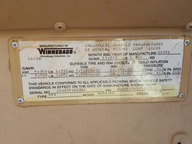 1GBJP37W1K3308523 - 1989 CHEVROLET P30 BEIGE photo 10