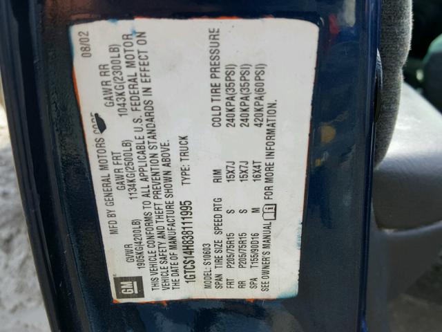 1GCCS14WX28196156 - 2002 CHEVROLET S TRUCK S1 BLUE photo 10