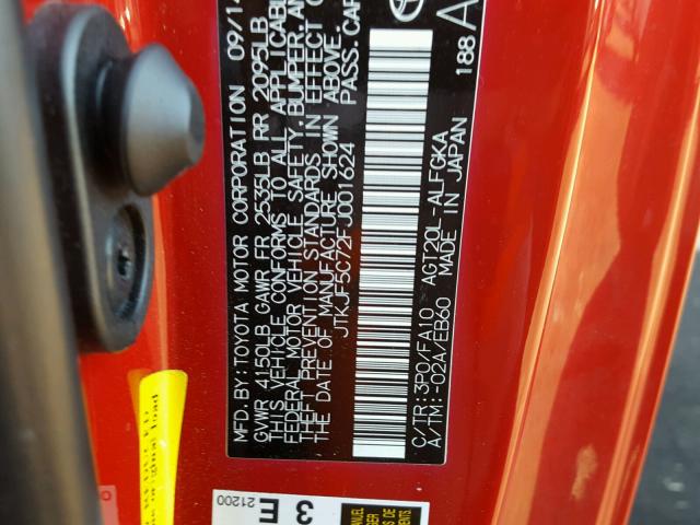 JTKJF5C72FJ001624 - 2015 TOYOTA SCION TC 红色 照片 10