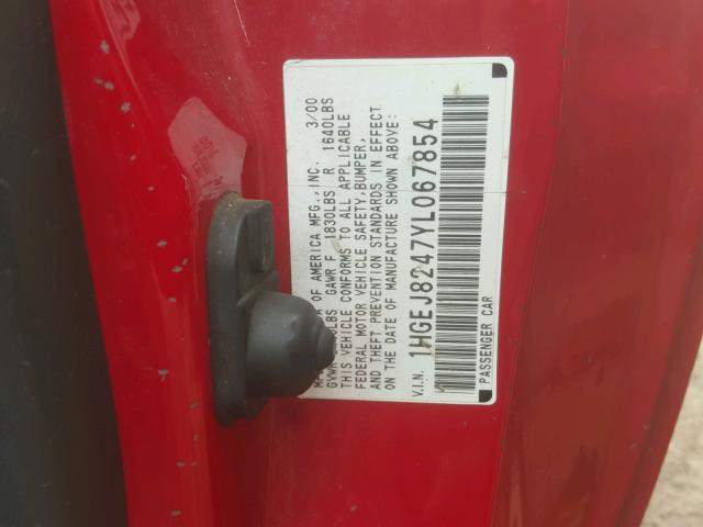 1HGEJ8247YL067854 - 2000 HONDA CIVIC EX წითელი ფოტო 10