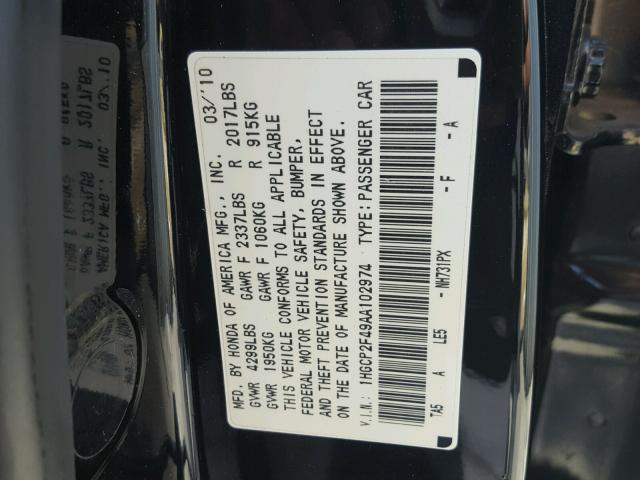 1HGCP2F49AA102974 - 2010 HONDA ACCORD LXP BLACK photo 10