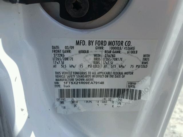 1FTSX21R09EA79148 - 2009 FORD F250 SUPER WHITE photo 10