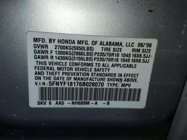 5FNYF18176B028070 - 2006 HONDA PILOT LX SILVER photo 10