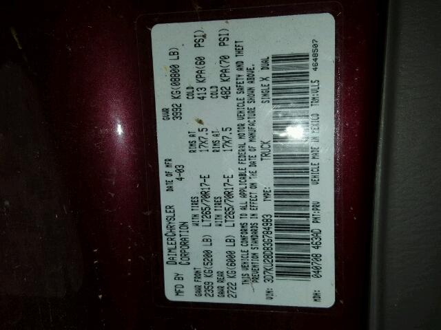 3D7KU28D83G784983 - 2003 DODGE RAM 2500 S BURGUNDY photo 10