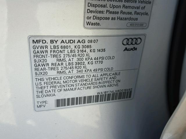 WA1BY74LX8D016462 - 2008 AUDI Q7 3.6 QUA SILVER photo 10