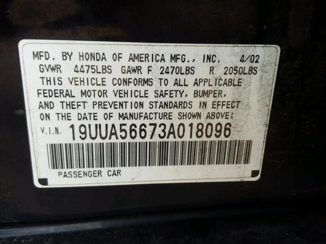 19UUA56673A018096 - 2003 ACURA 3.2TL BLACK photo 10