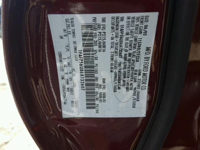 1FAFP56U86A132607 - 2006 FORD TAURUS SEL BURGUNDY photo 10