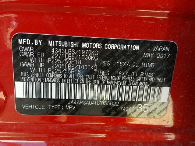 JA4AP3AU4HZ055622 - 2017 MITSUBISHI OUTLANDER RED photo 10