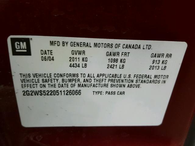 2G2WS522051126066 - 2005 PONTIAC GRAND PRIX MAROON photo 10