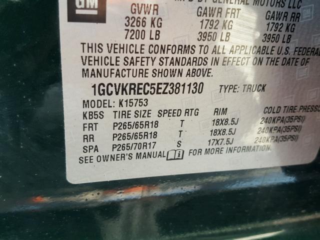 1GCVKREC5EZ381130 - 2014 CHEVROLET SILVERADO GREEN photo 10