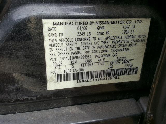 1N4AL11D96N399981 - 2006 NISSAN ALTIMA S GRAY photo 10