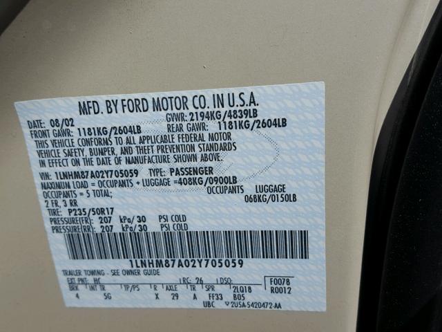 1LNHM87A02Y705059 - 2002 LINCOLN LS 棕色 照片 10