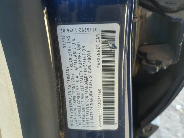 WVWPD63B03P334950 - 2003 VOLKSWAGEN PASSAT GLS BLUE photo 10