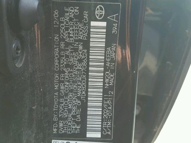 JTDKB20UX77086324 - 2007 TOYOTA PRIUS BLACK photo 10