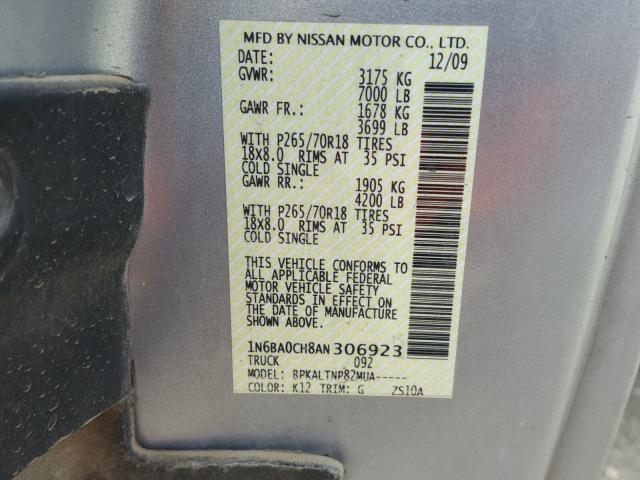 1N6BA0CH8AN306923 - 2010 NISSAN TITAN XE GRAY photo 10