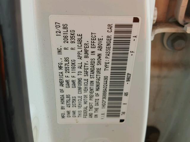 1HGCP36898A024490 - 2008 HONDA ACCORD EXL WHITE photo 10