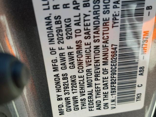 19XFB2F90CE026647 - 2012 HONDA CIVIC EXL GRAY photo 10