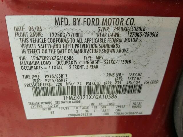 1FMZK021X7GA10586 - 2007 FORD FREESTYLE RED photo 10
