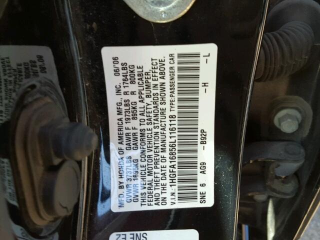 1HGFA16856L116118 - 2006 HONDA CIVIC EX BLACK photo 10