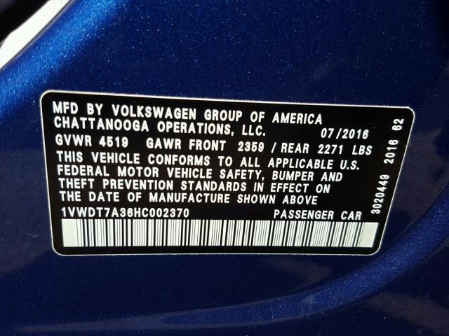 1VWDT7A36HC002370 - 2017 VOLKSWAGEN PASSAT R-L 蓝色 照片 10