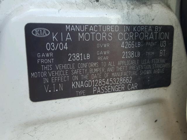 KNAGD128545328662 - 2004 KIA OPTIMA LX WHITE photo 10