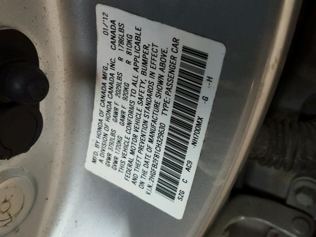 2HGFB2F81CH329630 - 2012 HONDA CIVIC EX SILVER photo 10