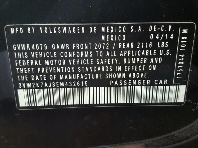 3VW2K7AJ8EM432615 - 2014 VOLKSWAGEN JETTA BASE 黑色 照片 10